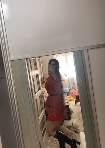 Uzun Kollu Kırmızı Mini Elbise - Görsel 2