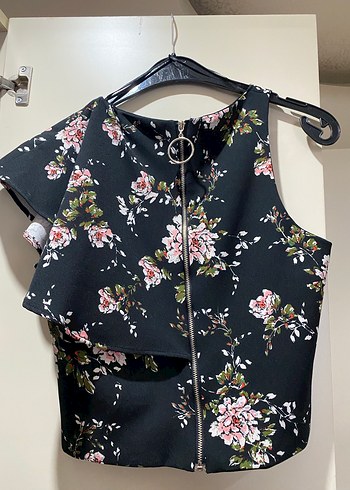 Çiçek Desenli Siyah Mini Bluz - Görsel 2