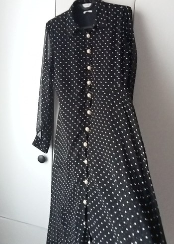 Siyah Puantiyeli Düğmeli Uzun Elbise - Görsel 3