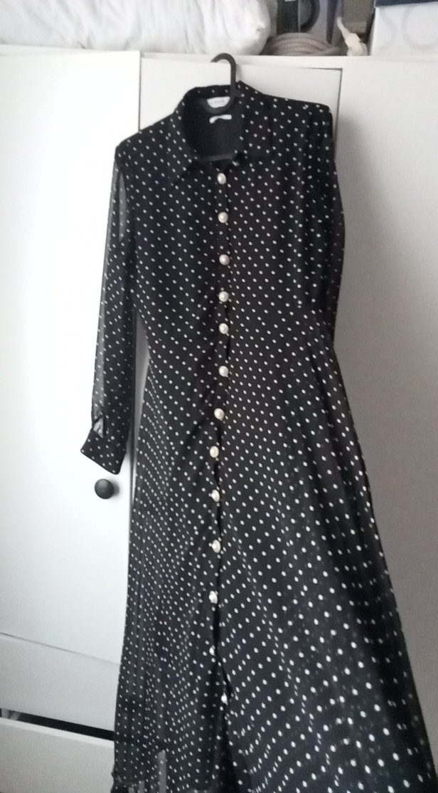 Siyah Puantiyeli Düğmeli Uzun Elbise - Görsel 3