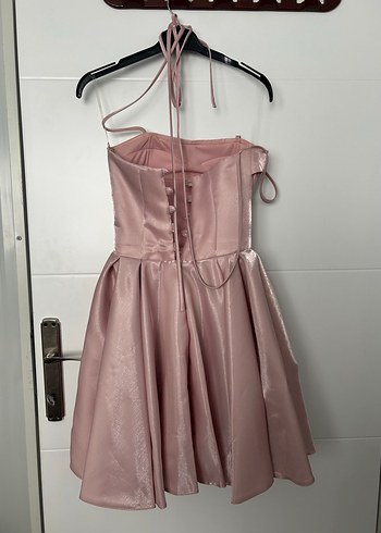 Pembe Parlak Mini Drapeli Straplez Elbise - Görsel 5