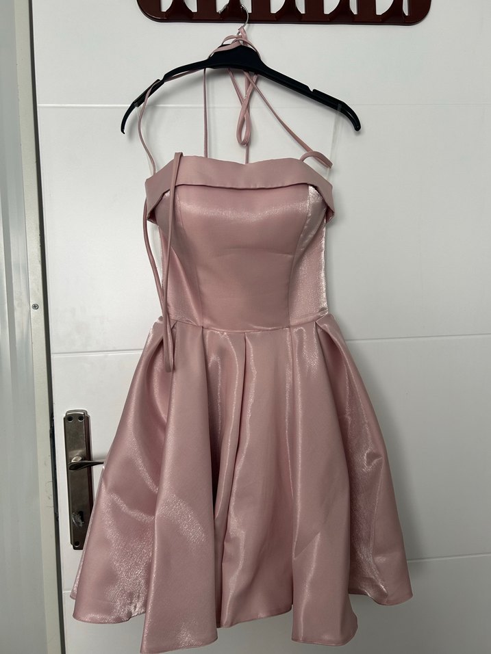 Pembe Parlak Mini Drapeli Straplez Elbise - Görsel 2