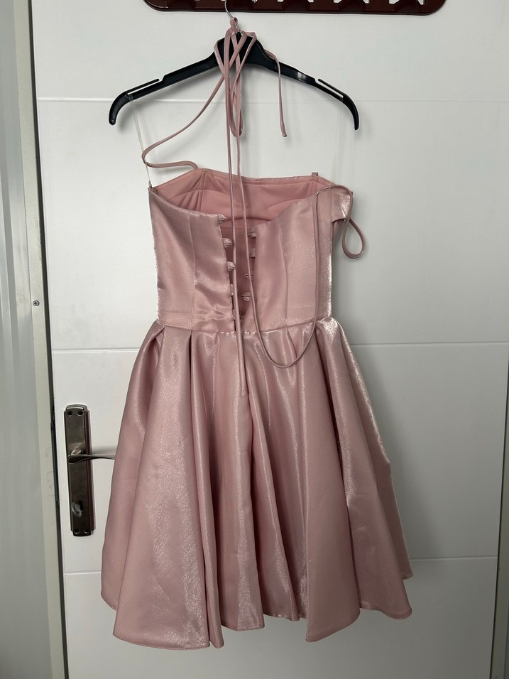 Pembe Parlak Mini Drapeli Straplez Elbise - Görsel 5