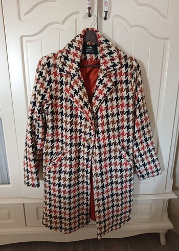 Kaz Ayağı Desenli Düğmeli Kaban Turuncu siyah kahverengi - Görsel 5