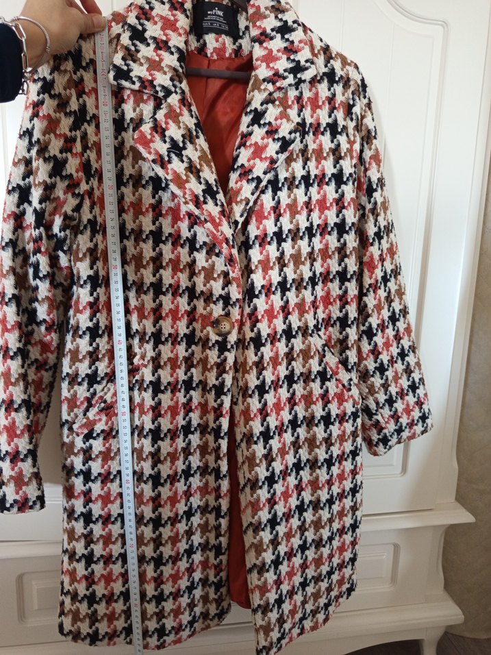 Kaz Ayağı Desenli Düğmeli Kaban Turuncu siyah kahverengi - Görsel 2