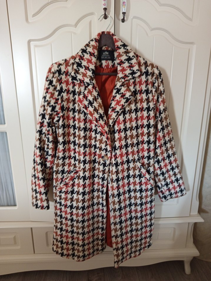 Kaz Ayağı Desenli Düğmeli Kaban Turuncu siyah kahverengi - Görsel 5