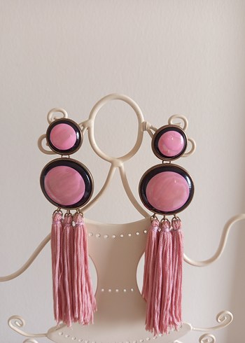 Pembe Püsküllü Uzun Küpe - Görsel 2