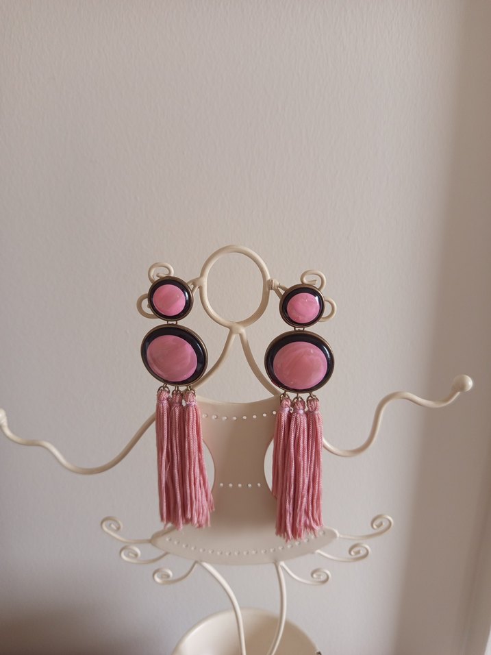 Pembe Püsküllü Uzun Küpe - Görsel 3