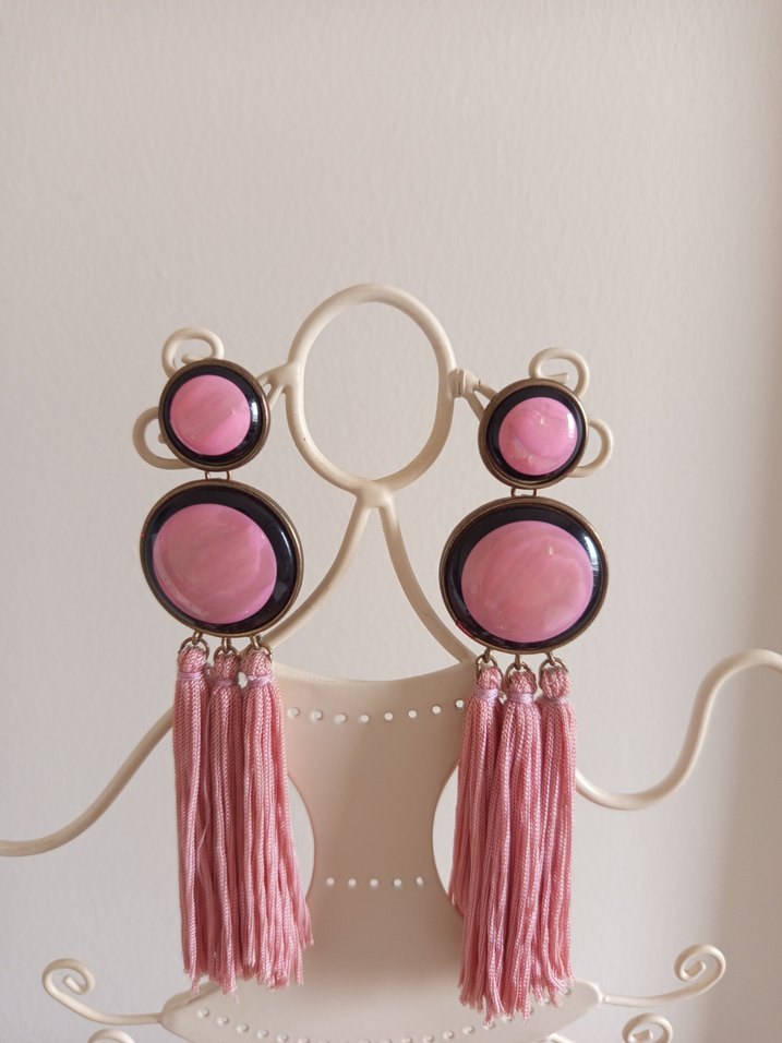 Pembe Püsküllü Uzun Küpe - Görsel 2