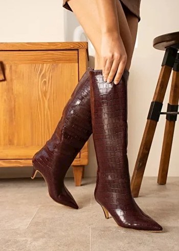 Bordo crocoDesenli alcak Topuklu Kadın Çizme - Görsel 4