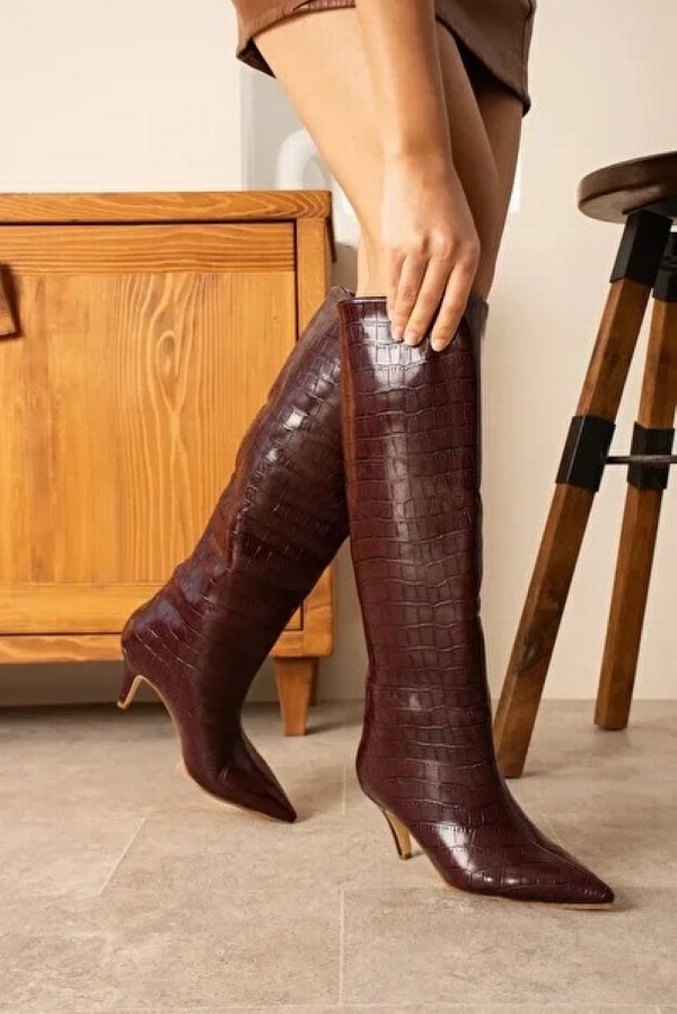 Bordo crocoDesenli alcak Topuklu Kadın Çizme - Görsel 4