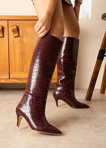 Bordo croco desenli ince Topuklu Kadın Çizme - Görsel 2