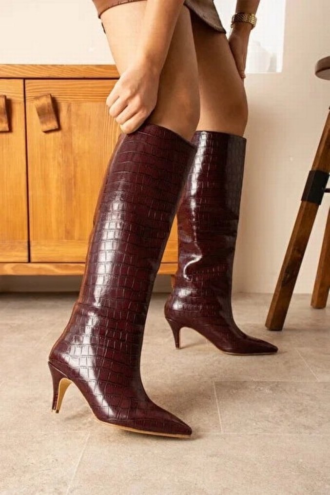 Bordo croco Desenli İnce Topuklu Çizme - Görsel 2