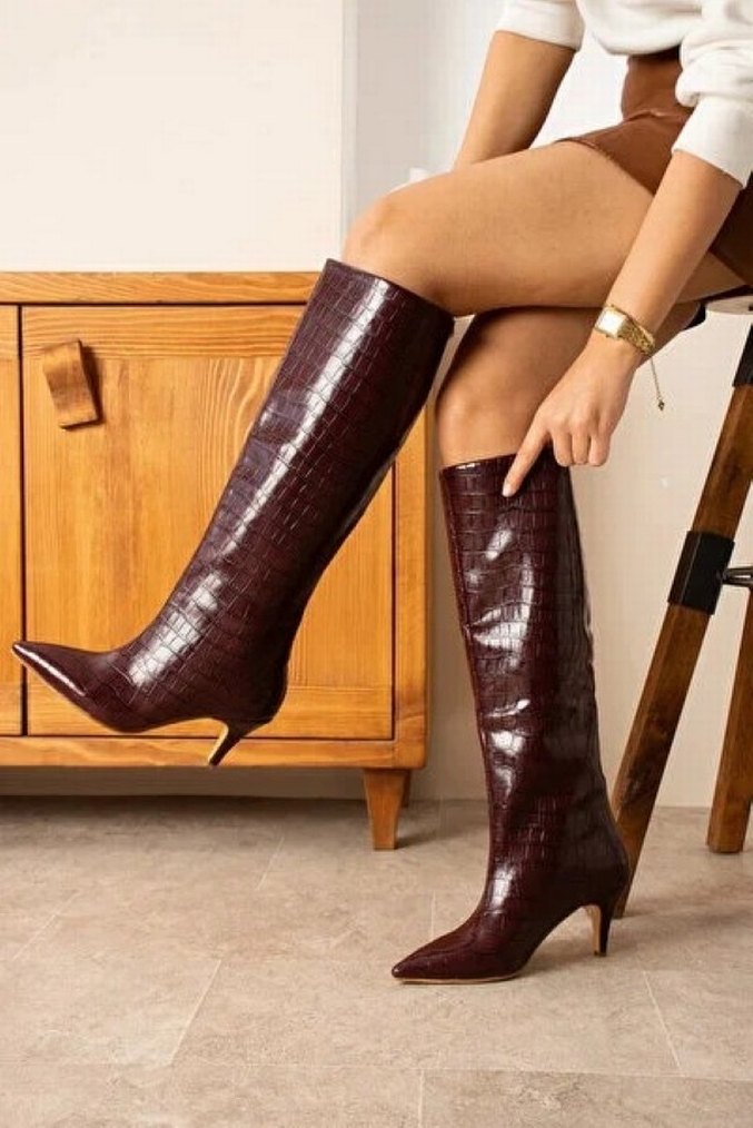 Bordo croco Desenli İnce Topuklu Çizme - Görsel 3