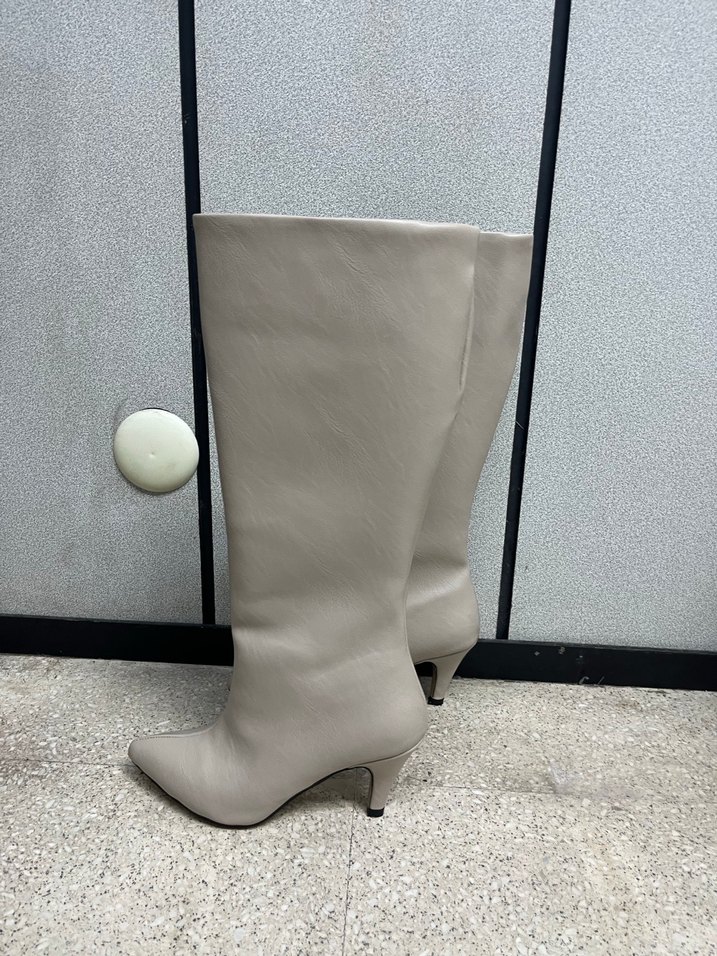 Bej Deri İnce Topuklu Diz Boyu Kadın Çizme - Görsel 5