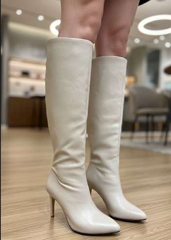 Bej Deri Dizüstü İnce Topuklu Kadın Çizme - Görsel 6