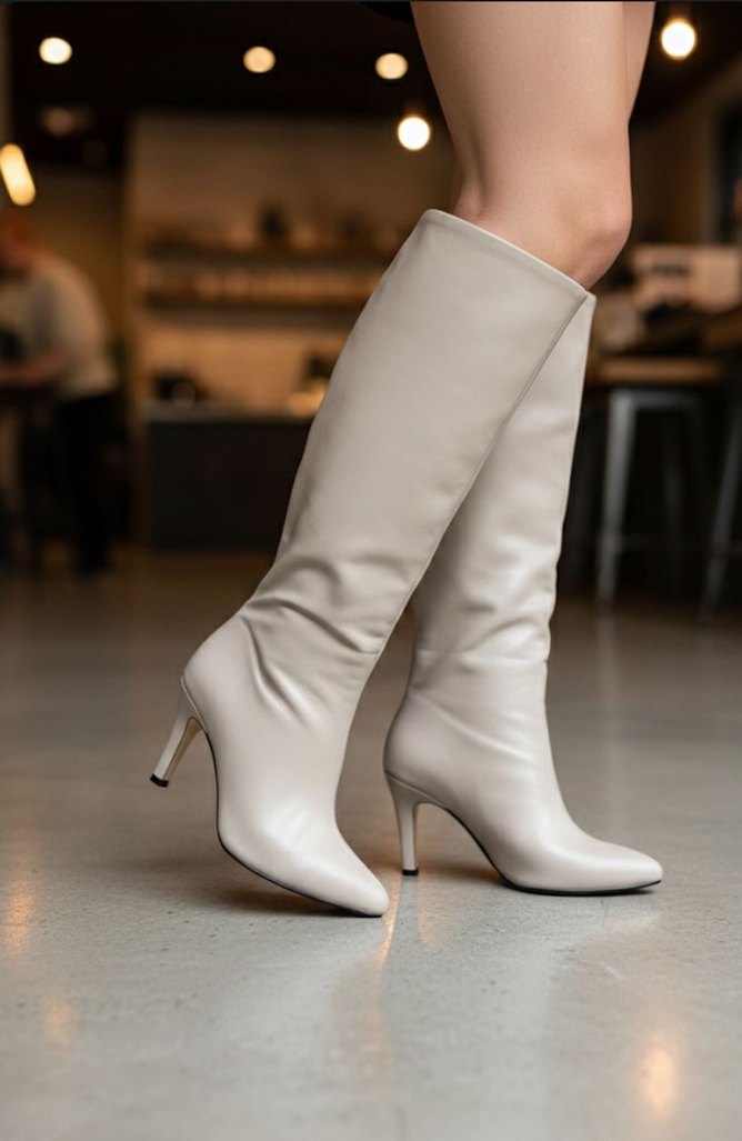 Bej Deri Dizüstü İnce Topuklu Kadın Çizme - Görsel 2