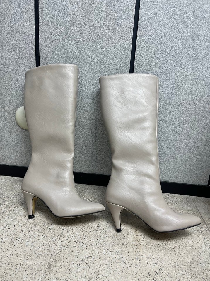 Bej Deri İnce Topuklu Dizüstü Kadın Çizme - Görsel 2