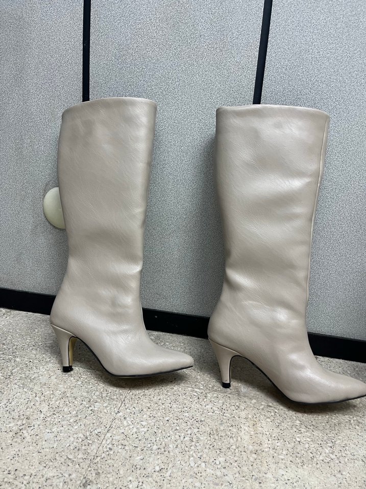 Bej Deri İnce Topuklu Dizüstü Kadın Çizme - Görsel 4