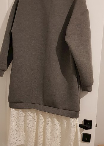 Zara Gri Dantel Detaylı Sweatshirt Elbise - Görsel 3