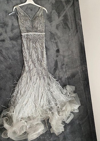 Gri Drapeli Uzun V Yaka Abiye Elbise - Görsel 6