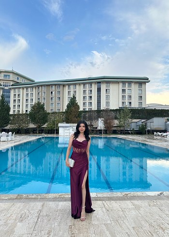 Bordo Drapeli Uzun Abiye Elbise - Görsel 3