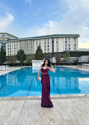 Bordo Drapeli Uzun Abiye Elbise - Görsel 2