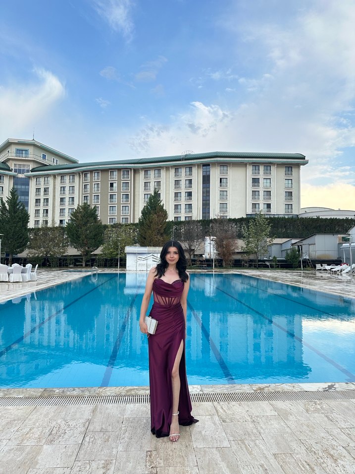 Bordo Drapeli Uzun Abiye Elbise - Görsel 3