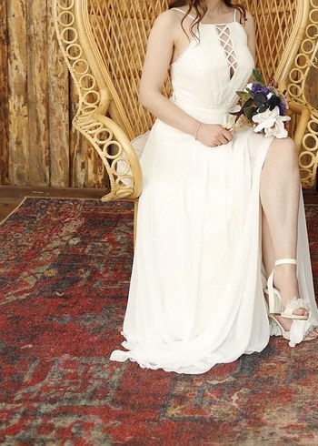 Bohem A Kesim Uzun Beyaz Gelinlik - Görsel 2