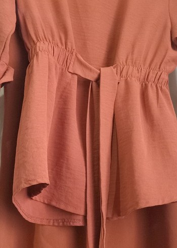 Drapeli Uzun Kollu Bej Keten Tunik ve etek - Görsel 2