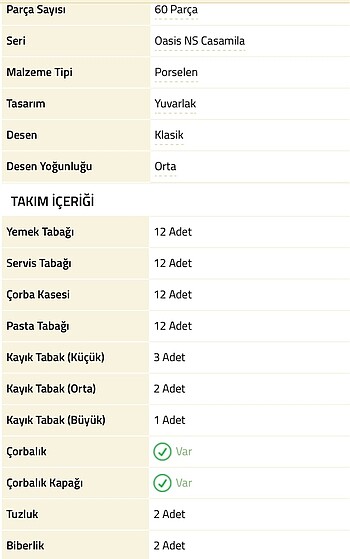  Beden beyaz Renk Emsan Yemek Takımı