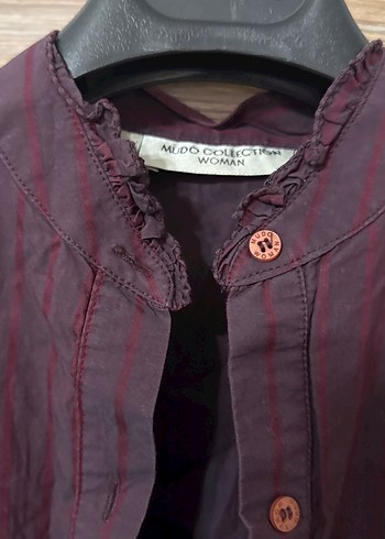 Bordo Düğmeli Uzun Kollu Keten Gömlek - Görsel 2