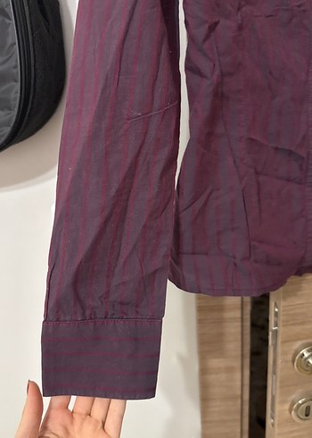 Bordo Düğmeli Uzun Kollu Keten Gömlek - Görsel 3