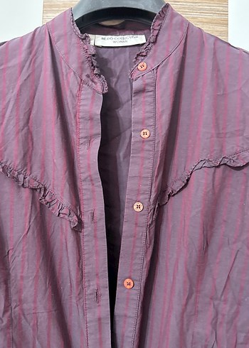 Bordo Düğmeli Uzun Kollu Keten Gömlek - Görsel 4