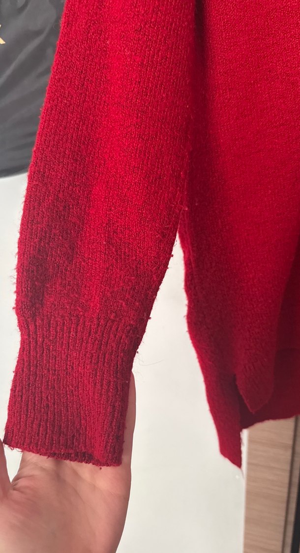Kırmızı V Yaka Örgü Kadın Kazak - Görsel 3