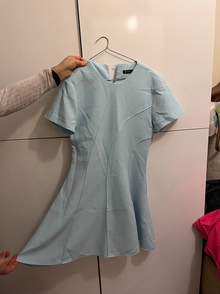 Mavi V Yaka  Midi Elbise - Görsel 2