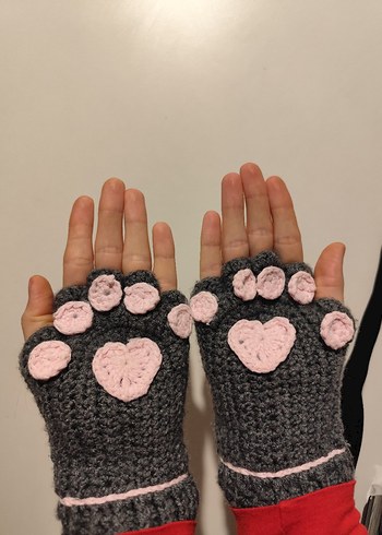 Pembe Detaylı Gri Örgü Kadın Eldiven pati eldiven - Görsel 2