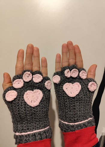 Pembe Detaylı Gri Örgü Kadın Eldiven pati eldiven - Görsel 3