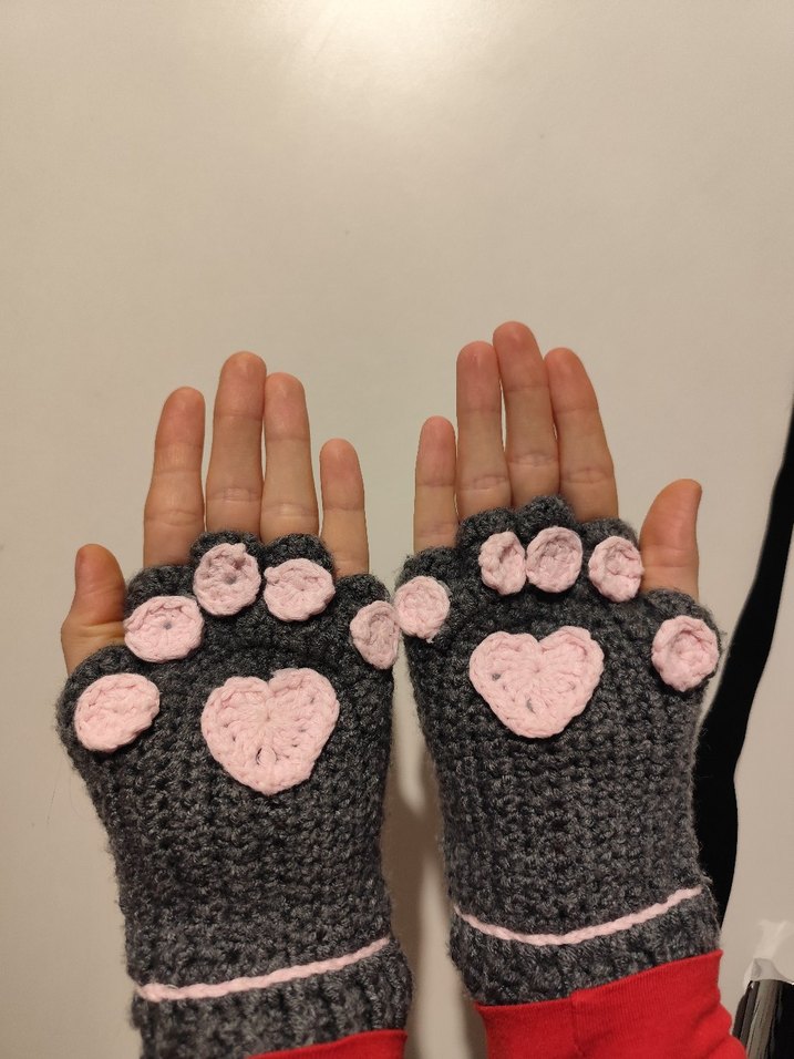 Pembe Detaylı Gri Örgü Kadın Eldiven pati eldiven - Görsel 2