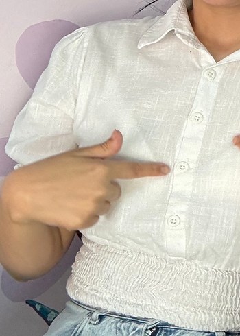 Düğmeli Beyaz Keten Salaş Bluz - Görsel 2