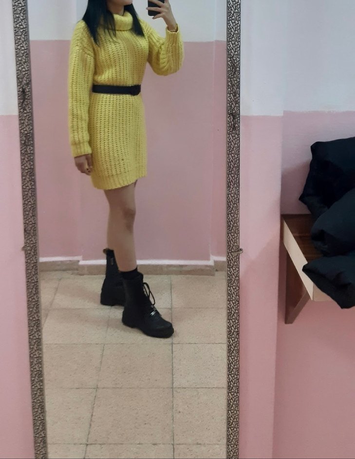 Sarı Mini Örgü Boğazlı Kazak Triko Elbise - Görsel 2