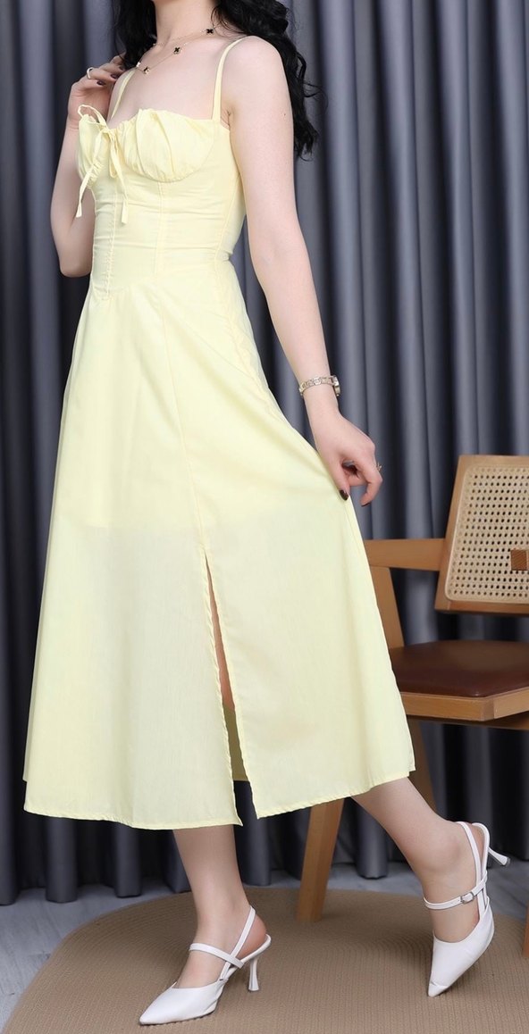 Sarı Askılı Midi Elbise - Görsel 4