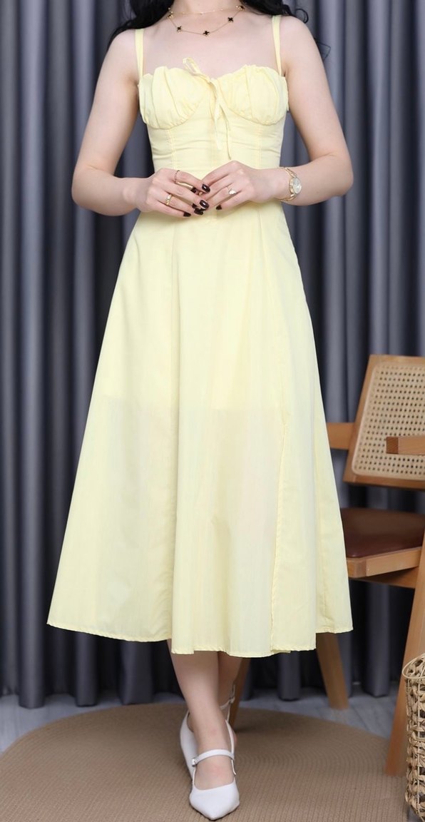 Sarı Askılı Midi Elbise - Görsel 2