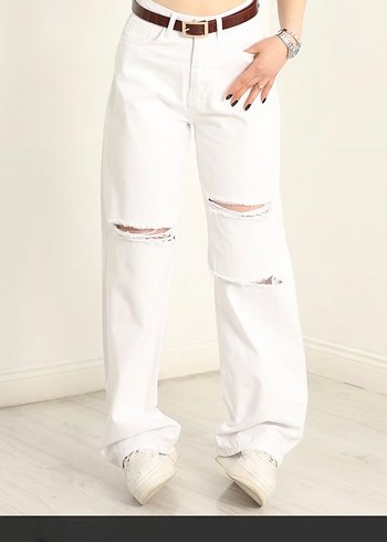 Beyaz lazer kesim Yırtık Detaylı palazzo Kadın Jean - Görsel 3