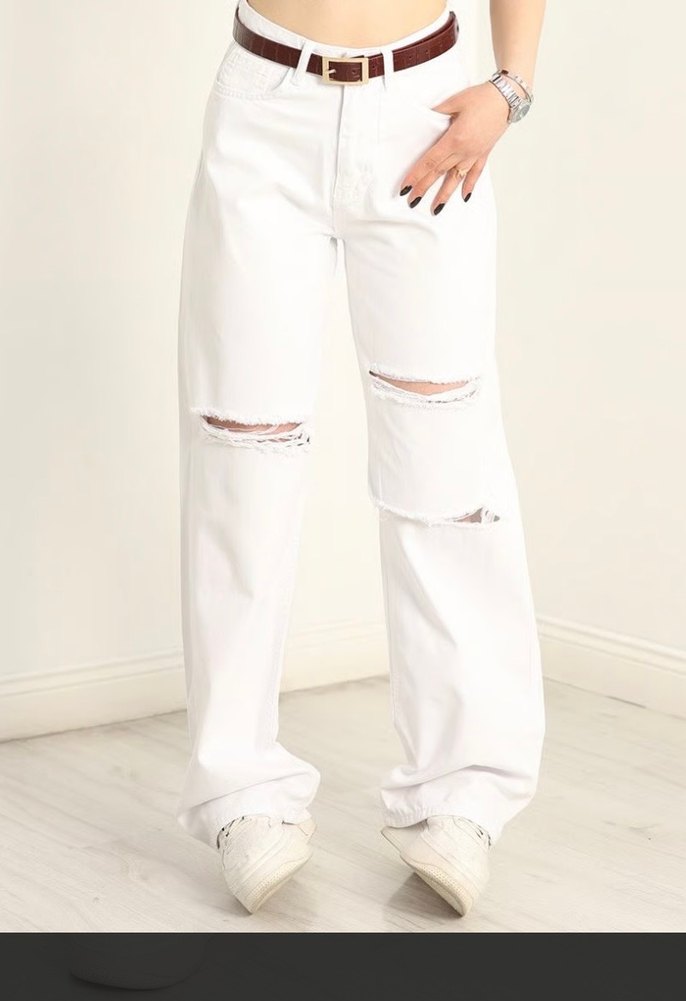 Beyaz lazer kesim Yırtık Detaylı palazzo Kadın Jean - Görsel 3