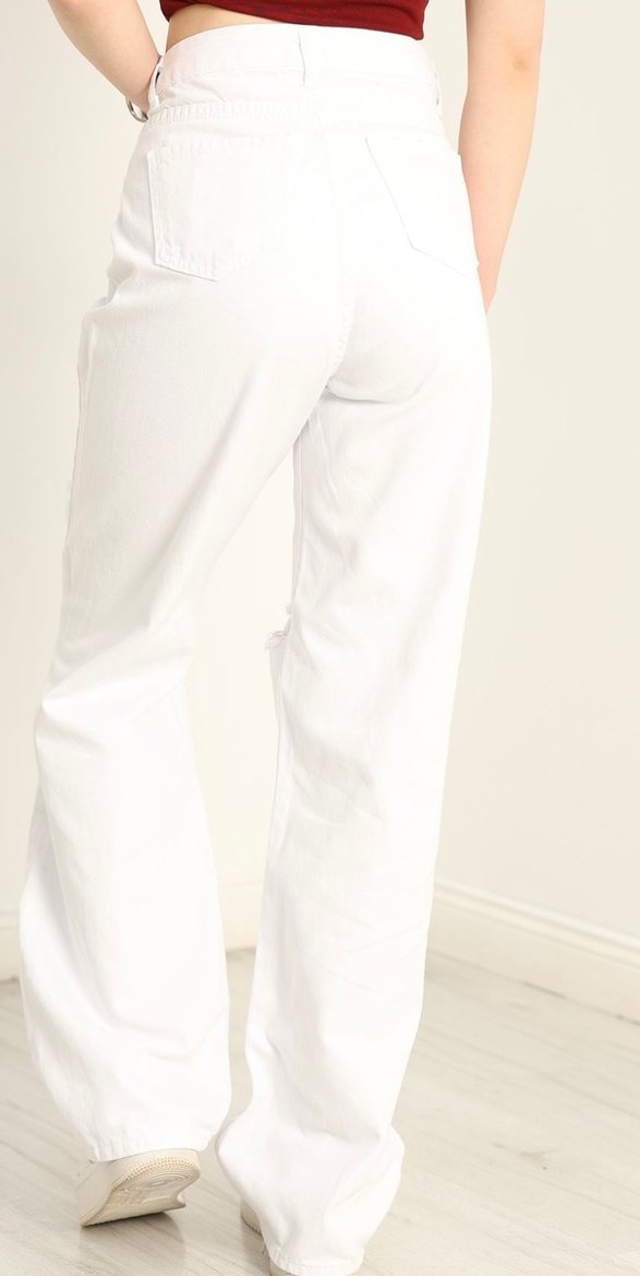 Beyaz lazer kesim Yırtık Detaylı palazzo Kadın Jean - Görsel 5