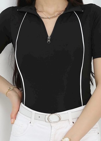Fermuarlı Siyah Kısa Kollu Kadın Tişört - Görsel 4