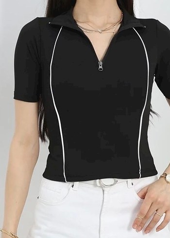 Fermuarlı Siyah Kısa Kollu Kadın Tişört - Görsel 3