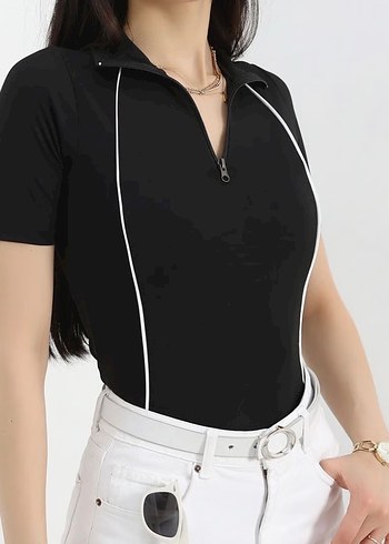 Fermuarlı Siyah Kısa Kollu Kadın Tişört - Görsel 5