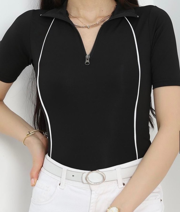 Fermuarlı Siyah Kısa Kollu Kadın Tişört - Görsel 4